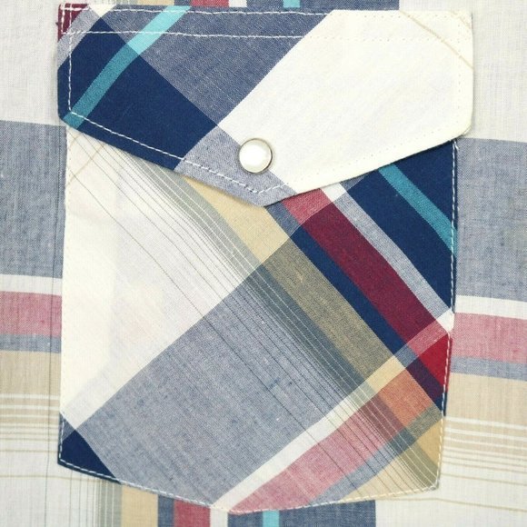 Vintage Wrangler Western Shirt White Blue Red Tan Plaid Pearl Snap XL - Picture 11 of 12